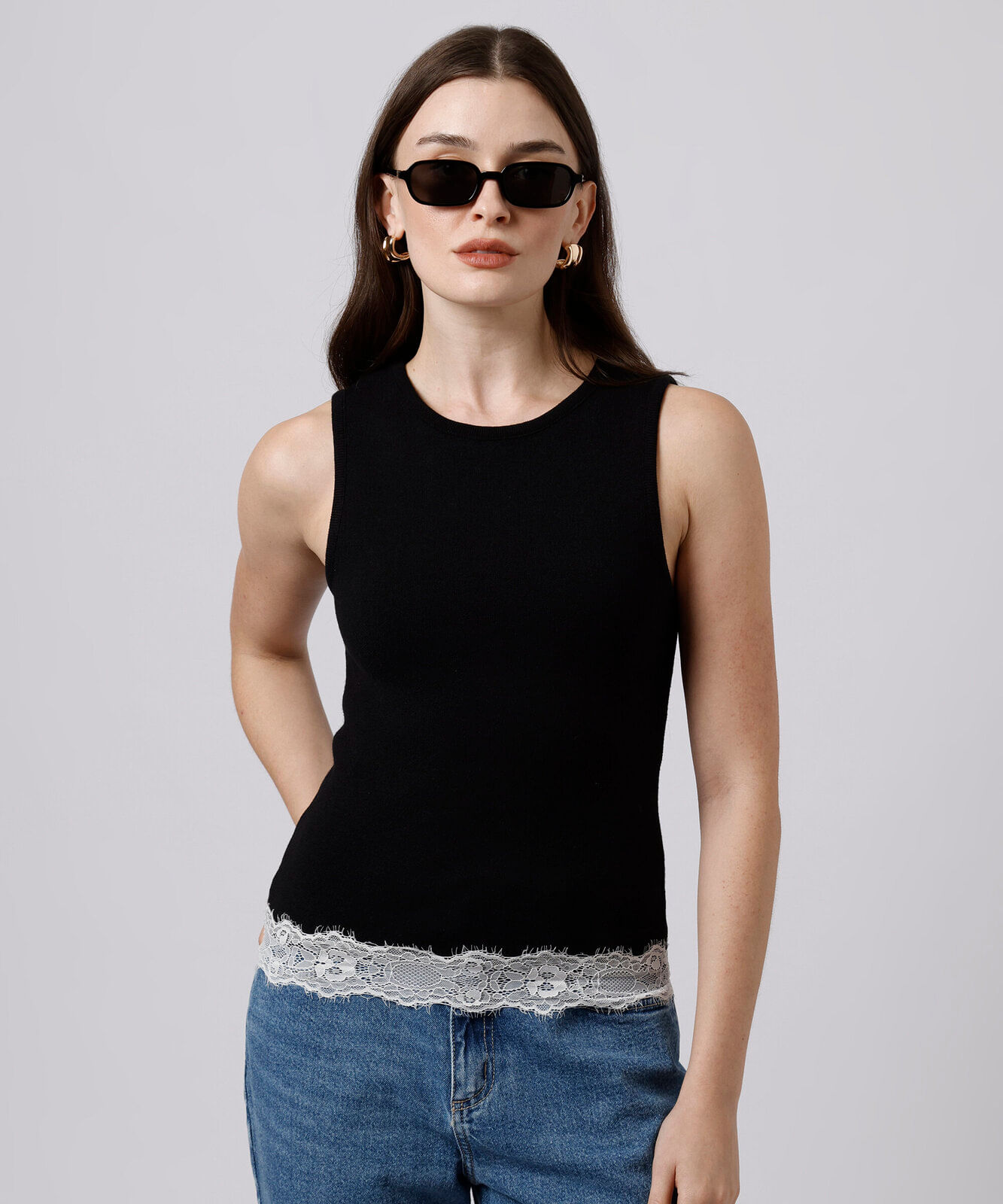 regata feminina de tricot com renda mindset preta