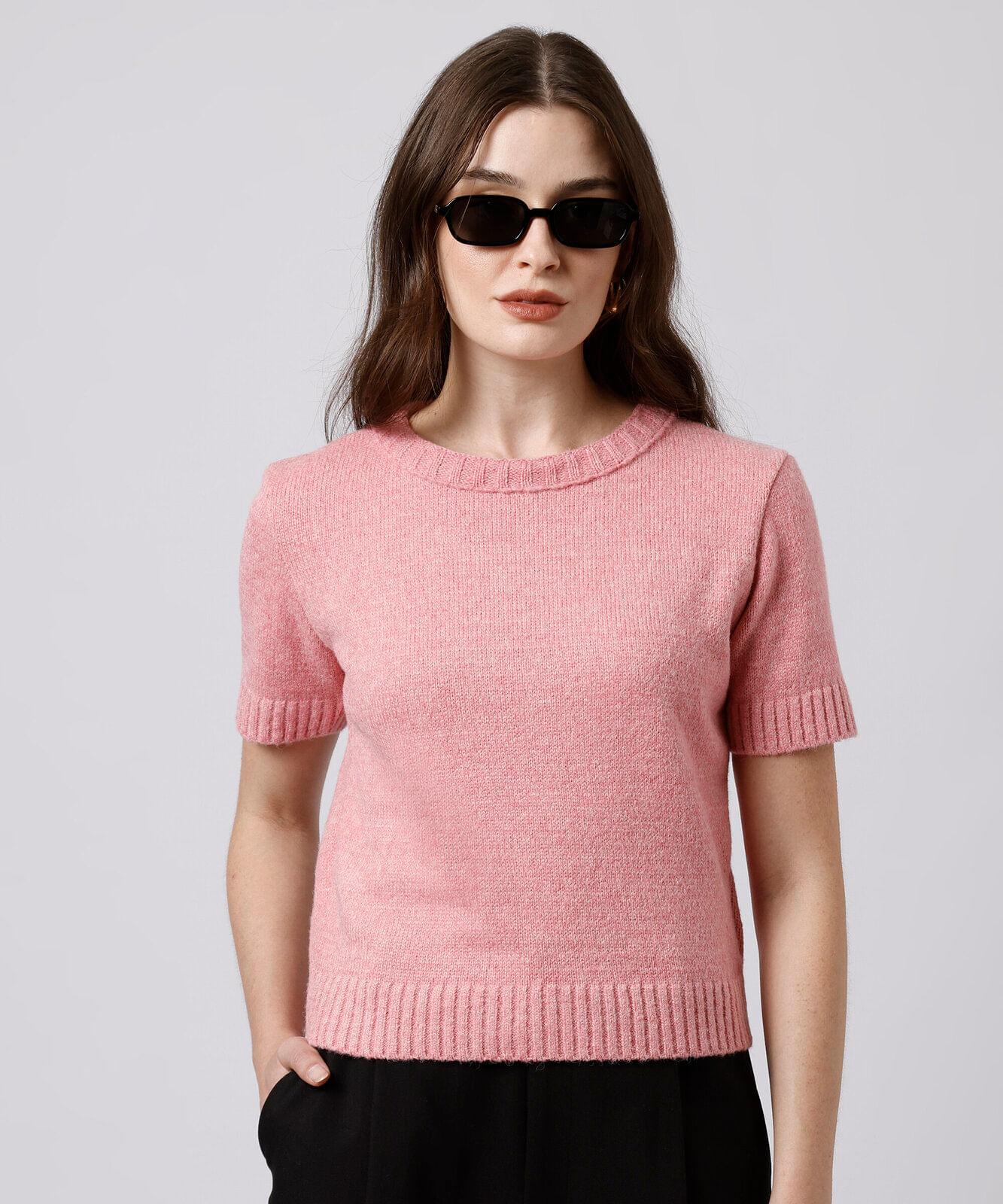 blusa feminina de tricot manga curta mindset rosa