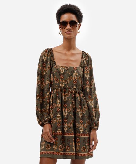 vestido curto feminino de viscose manga longa floral verde PP