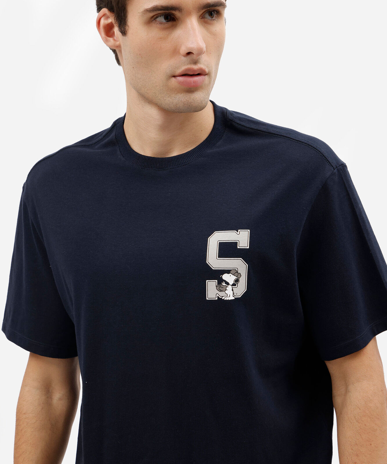 camiseta box fit masculina de algodão manga curta snoopy azul