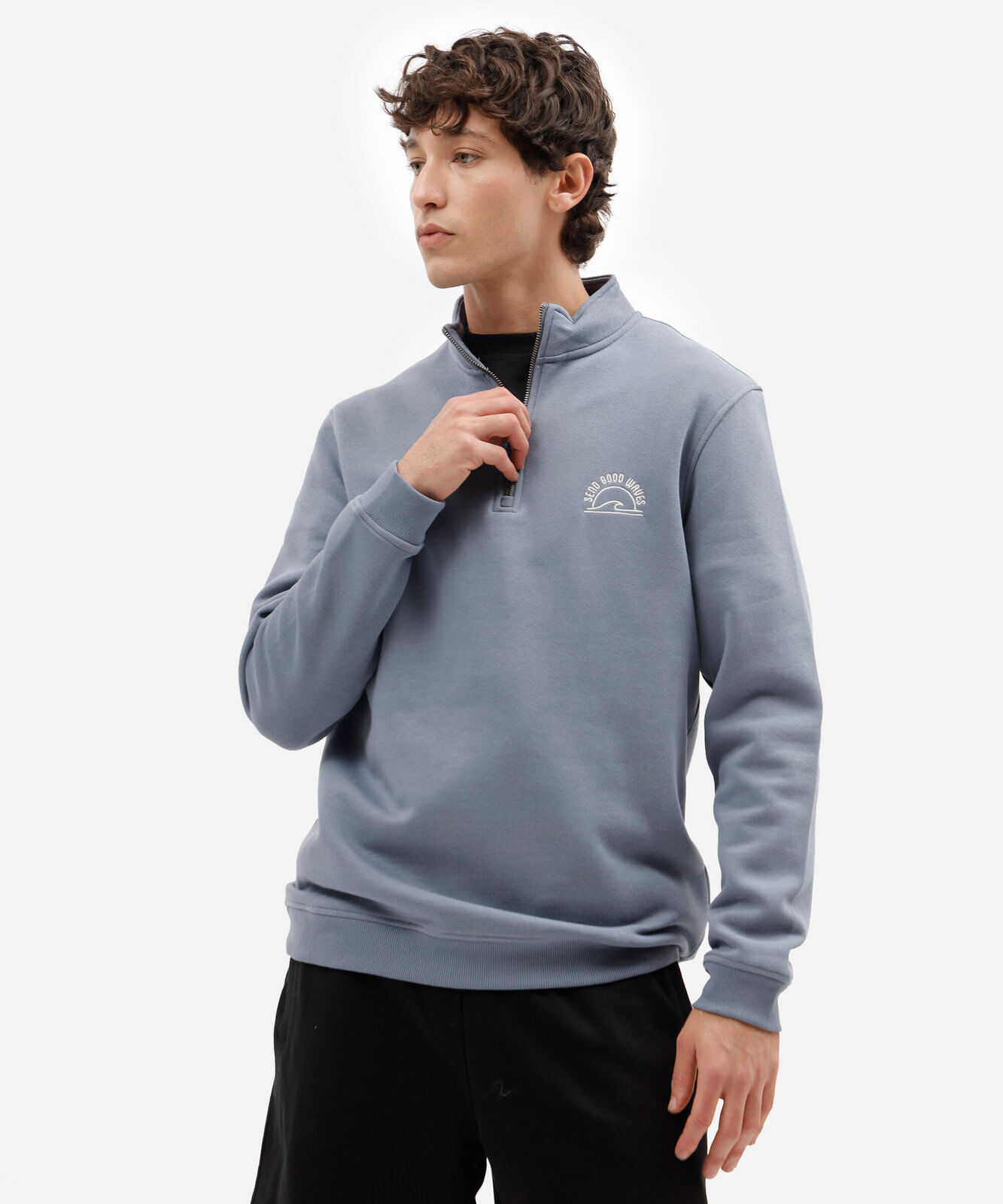 blusão masculino de moletom gola alta com zíper estampado azul