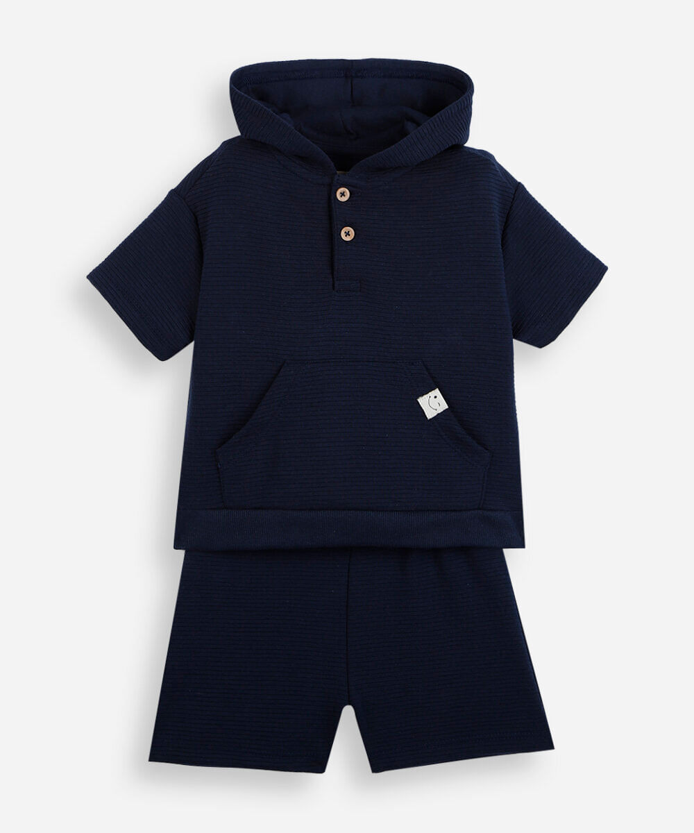 conjunto curto infantil com capuz listrado azul
