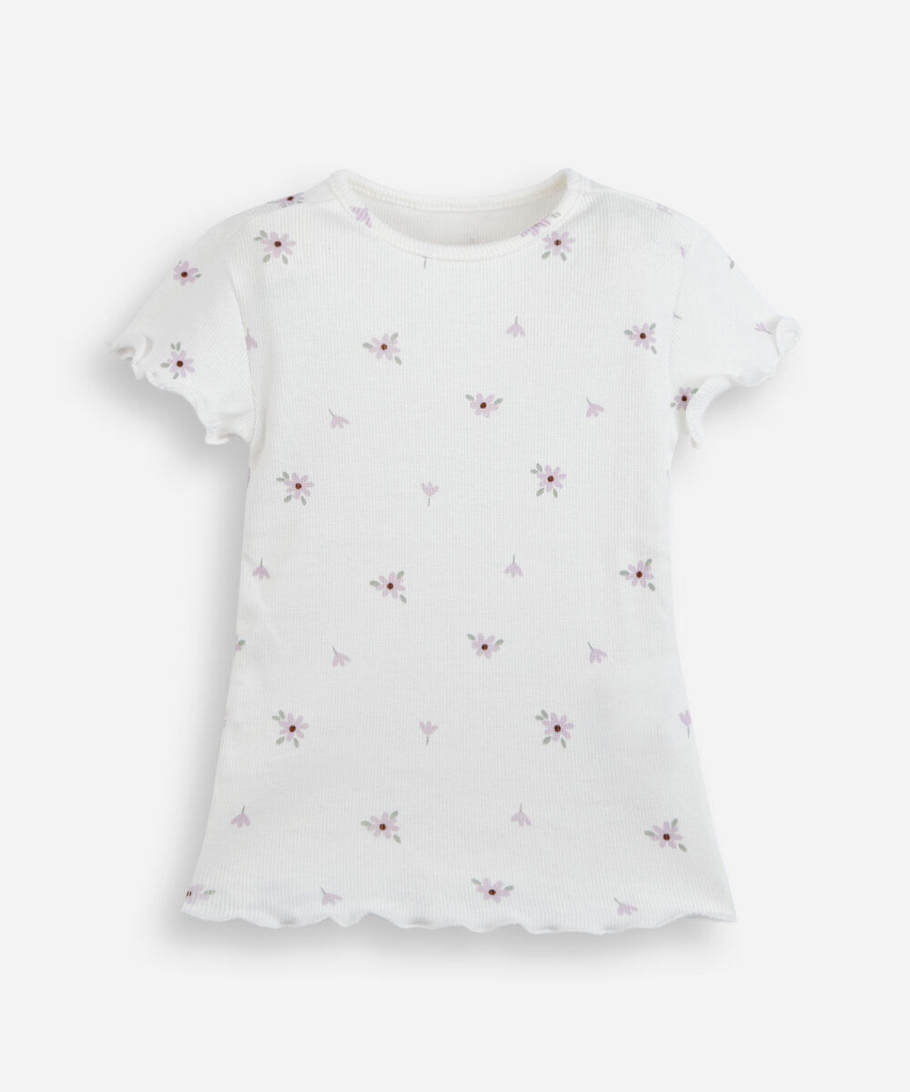 blusa infantil de algodão canelado com estampa de florzinha off white