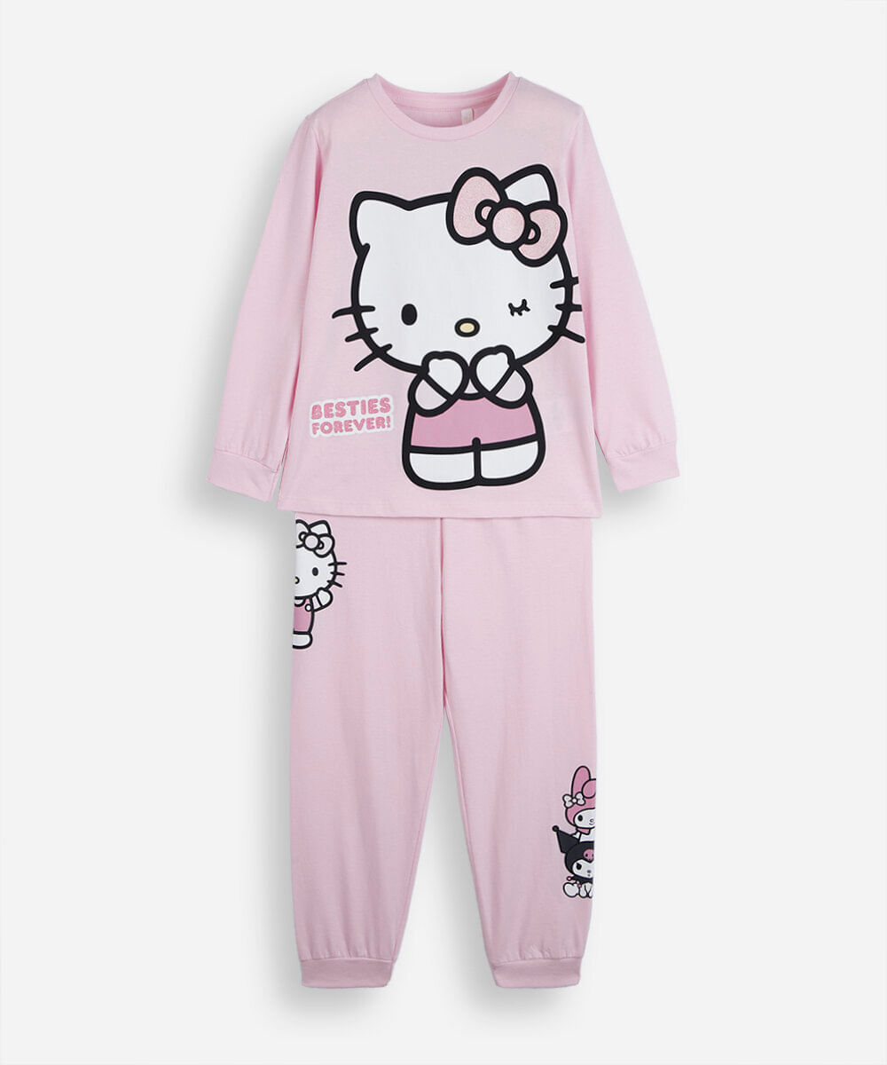 pijama longo infantil de algodão hello kitty rosa