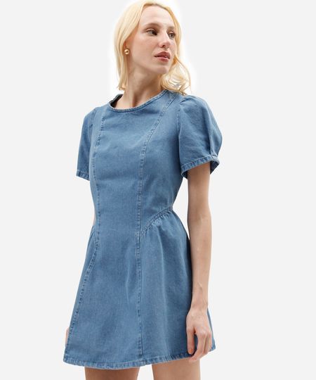 vestido curto feminino jeans com recorte manga bufante azul M