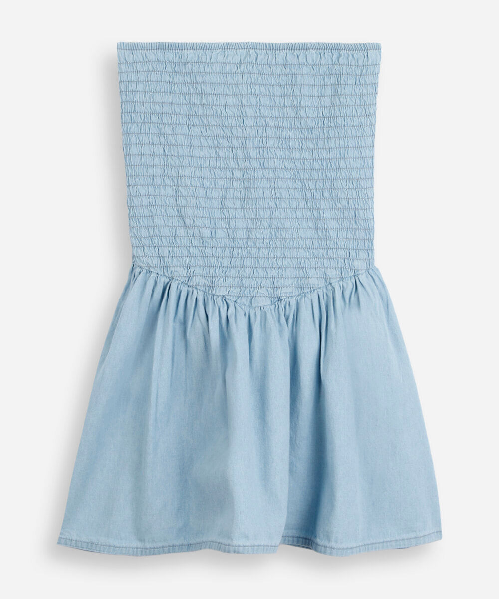 vestido jeans juvenil sem alça franzido azul