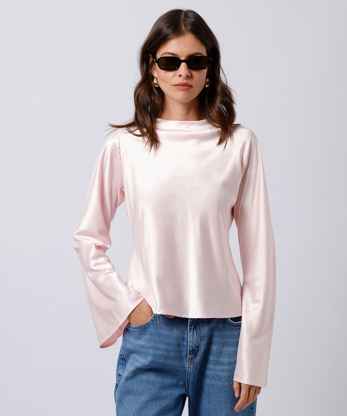 blusa feminina manga longa acetinada mindset rosa