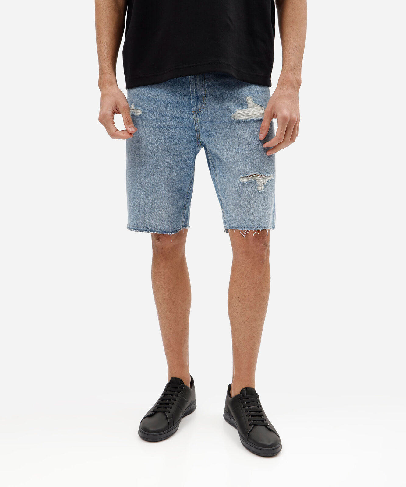 bermuda jeans slim destroyed azul médio