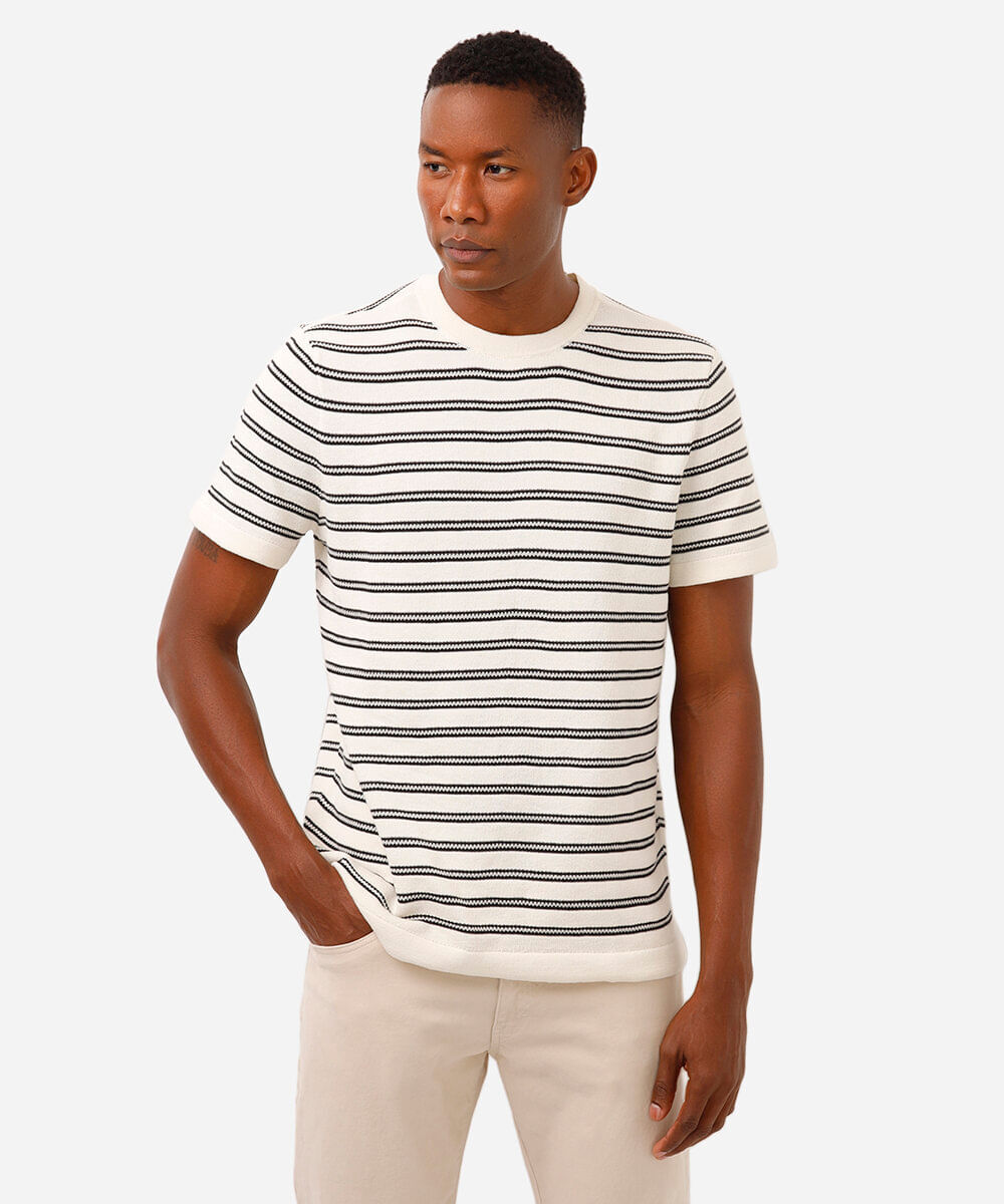 camiseta comfort de tricot manga curta listrada - off white