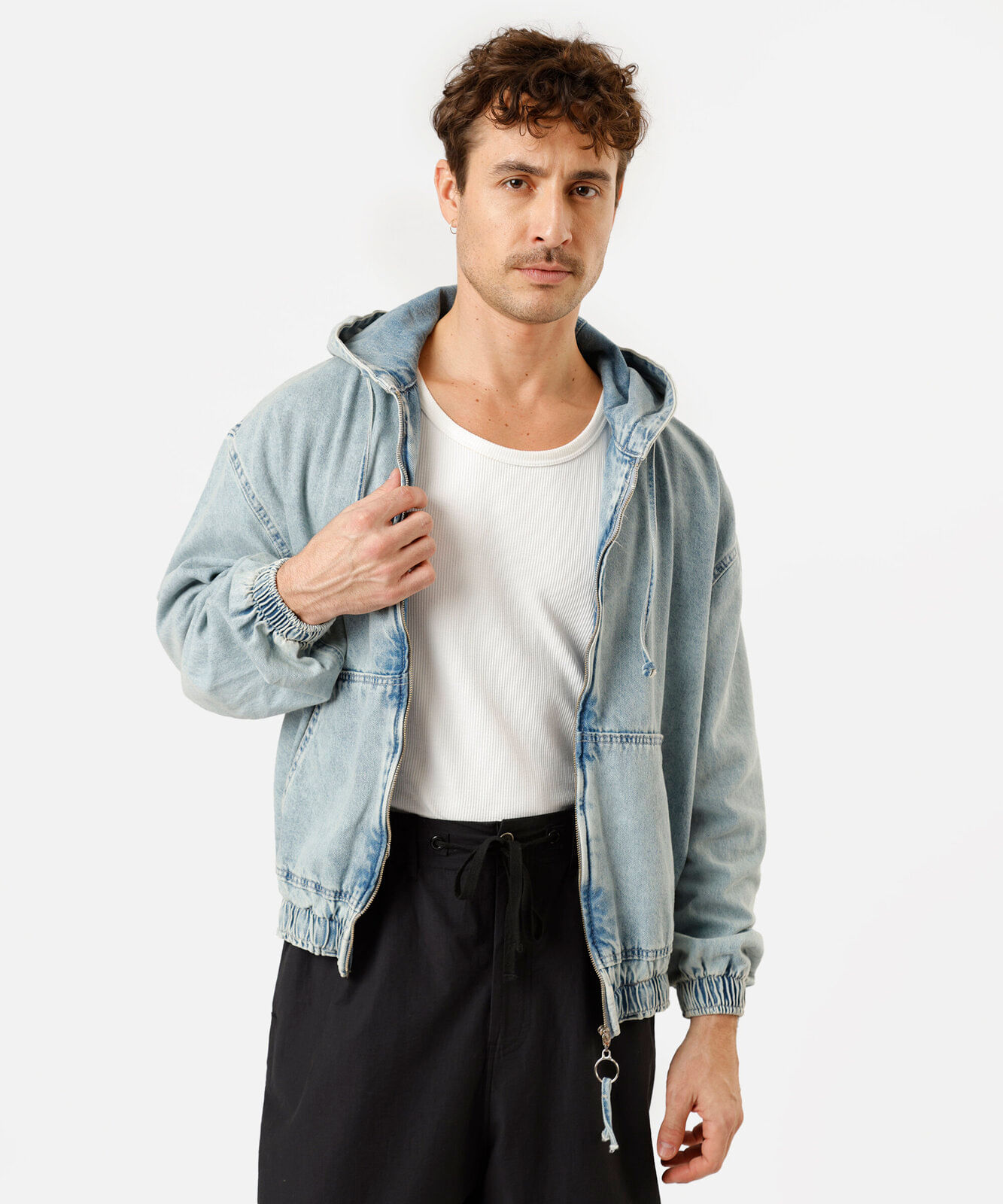 jaqueta bomber masculina jeans com capuz azul