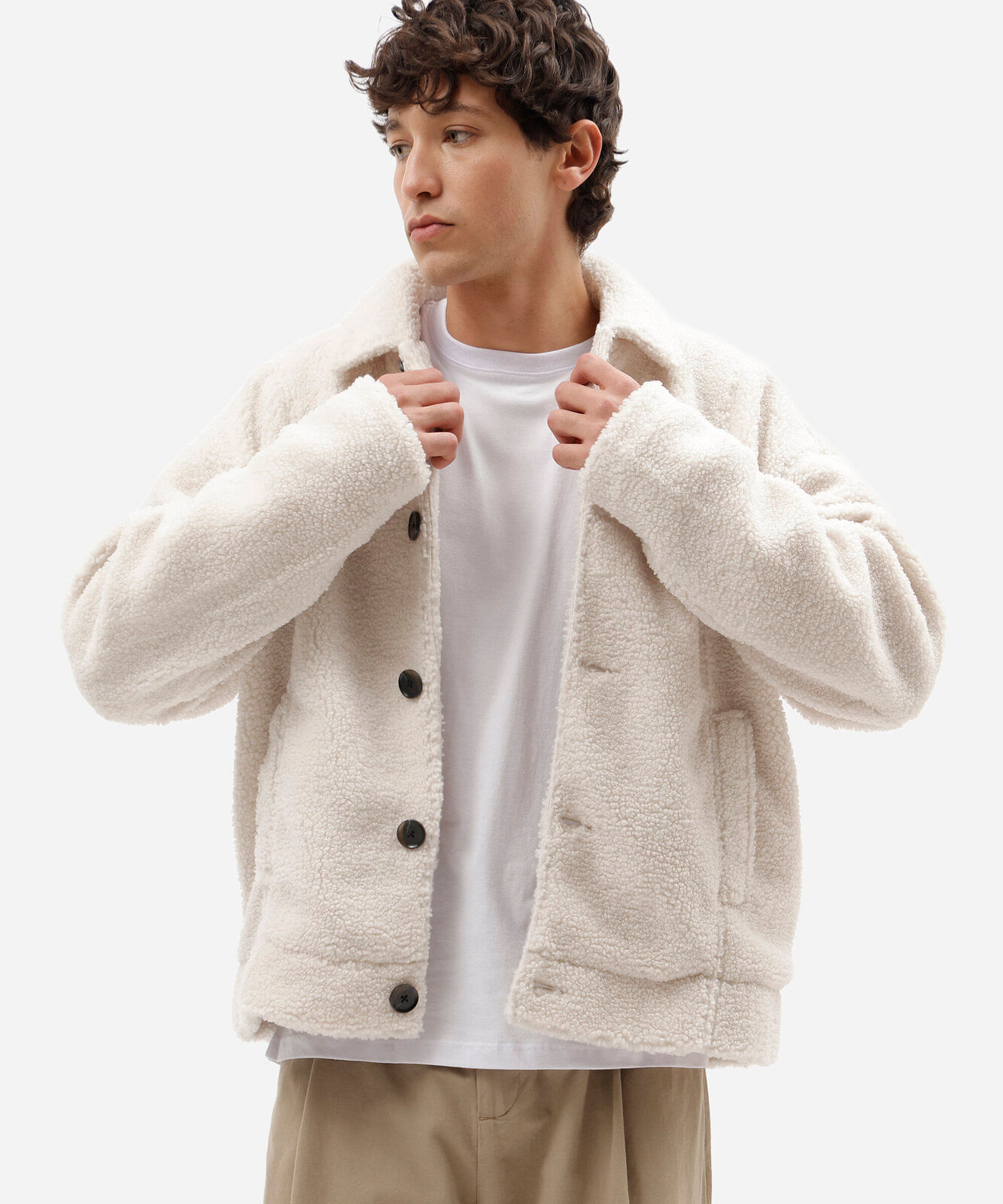 jaqueta masculina de sherpa com bolsos off white
