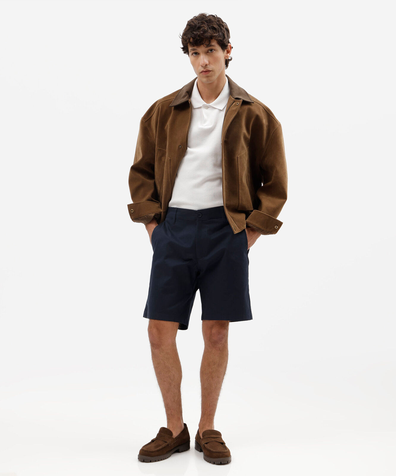 bermuda chino reta masculina de sarja azul