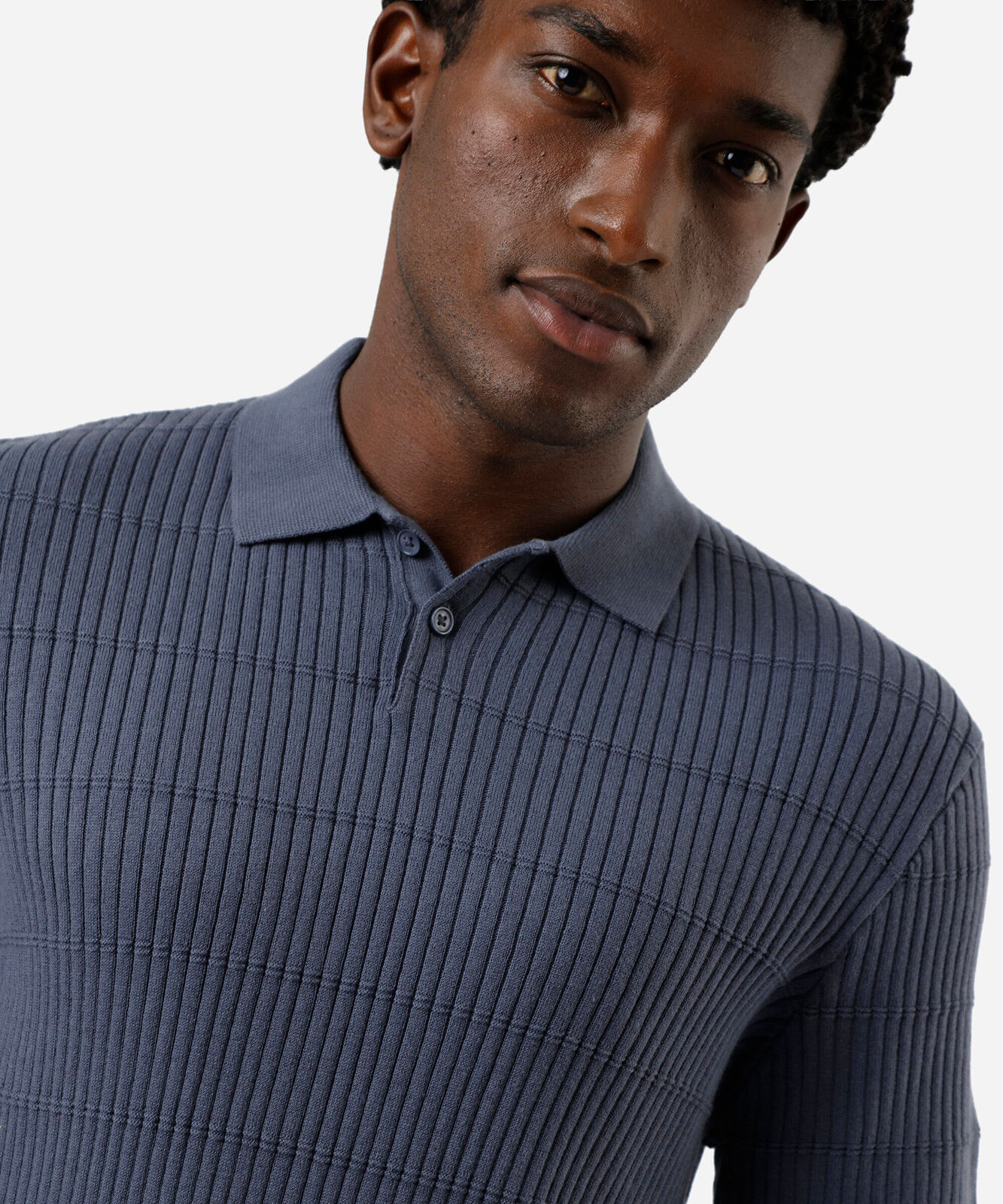 polo masculina de tricot manga curta canelada azul