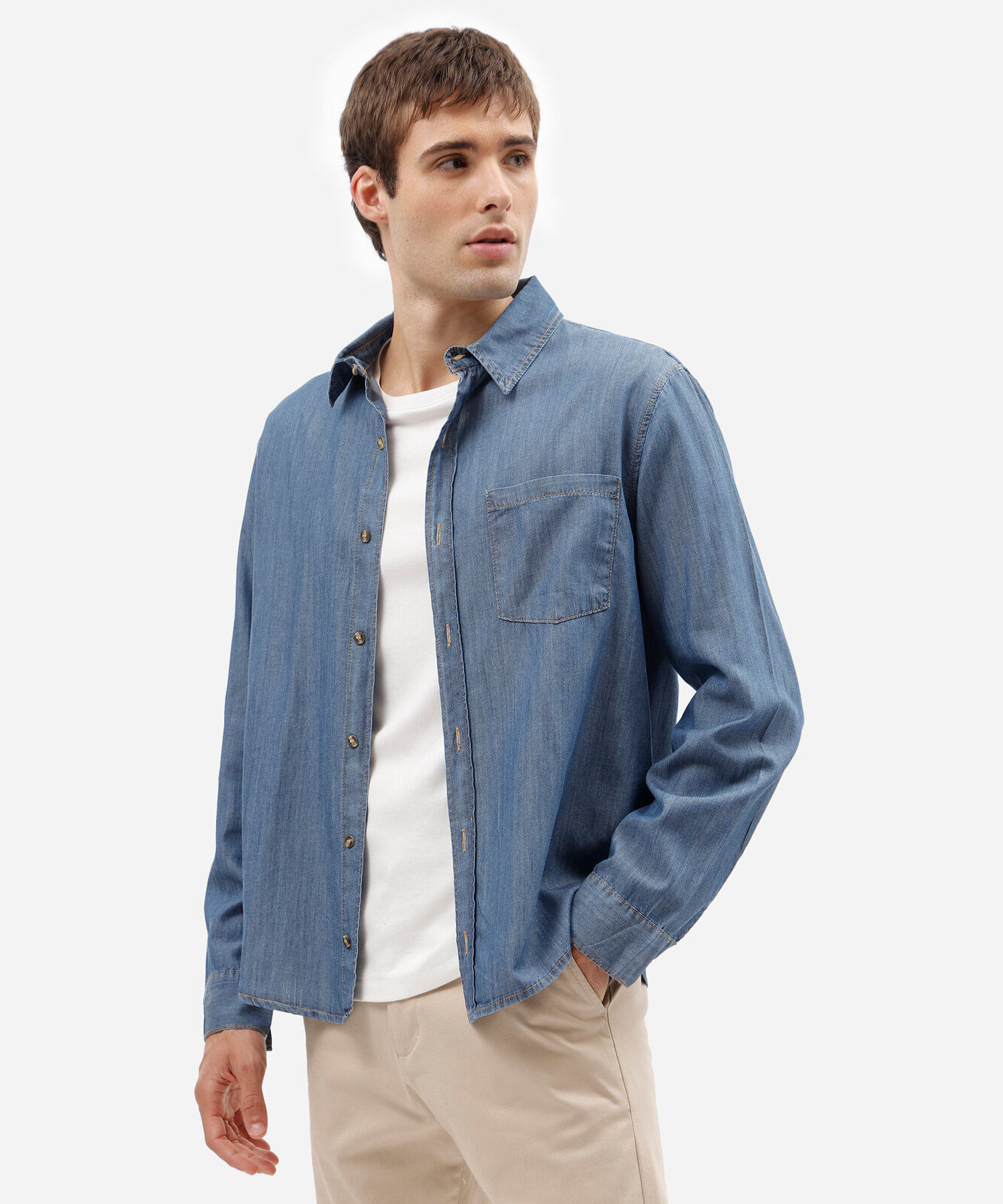 camisa masculina jeans manga longa azul