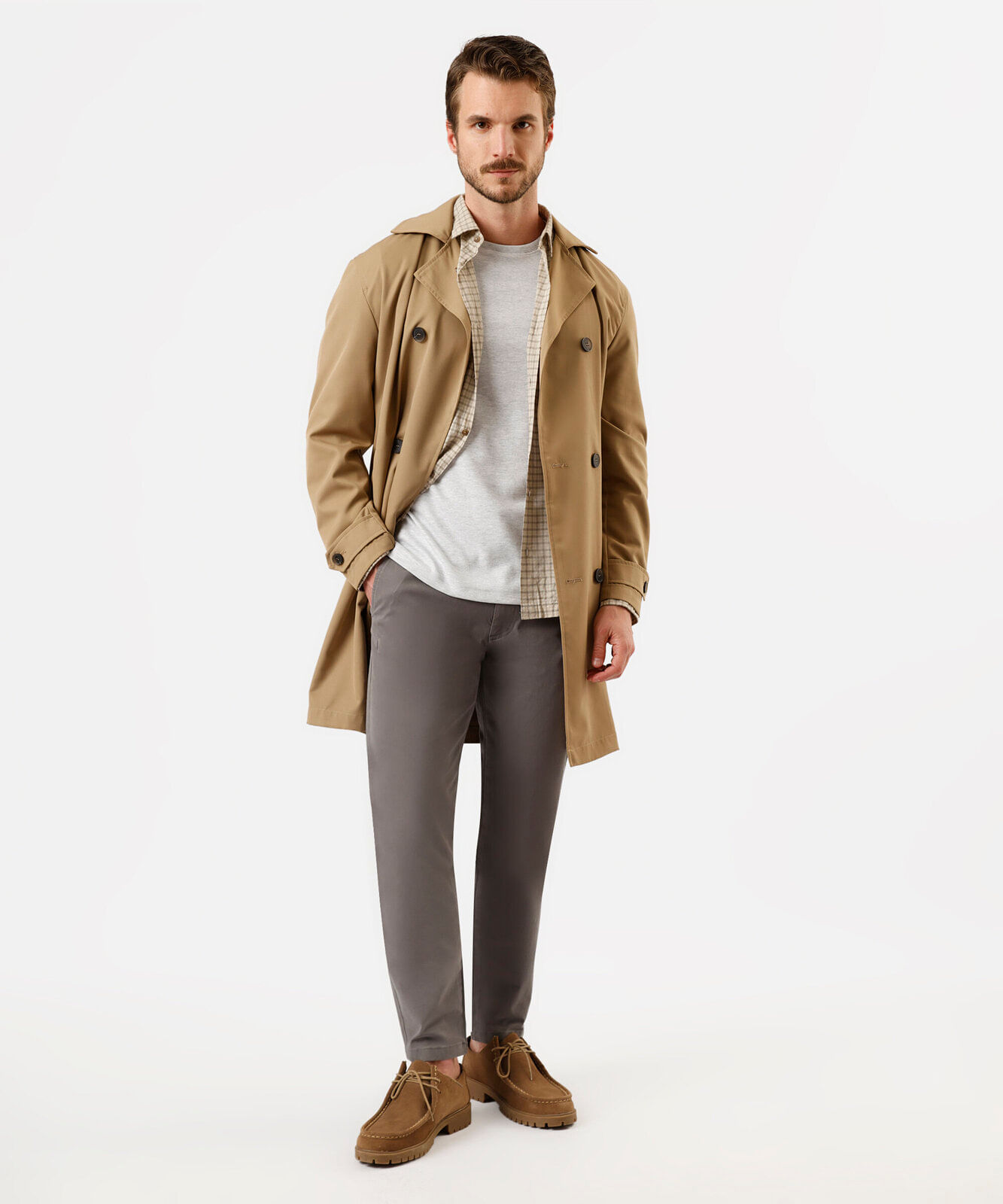 calça chino reta masculina de sarja cós elástico cinza