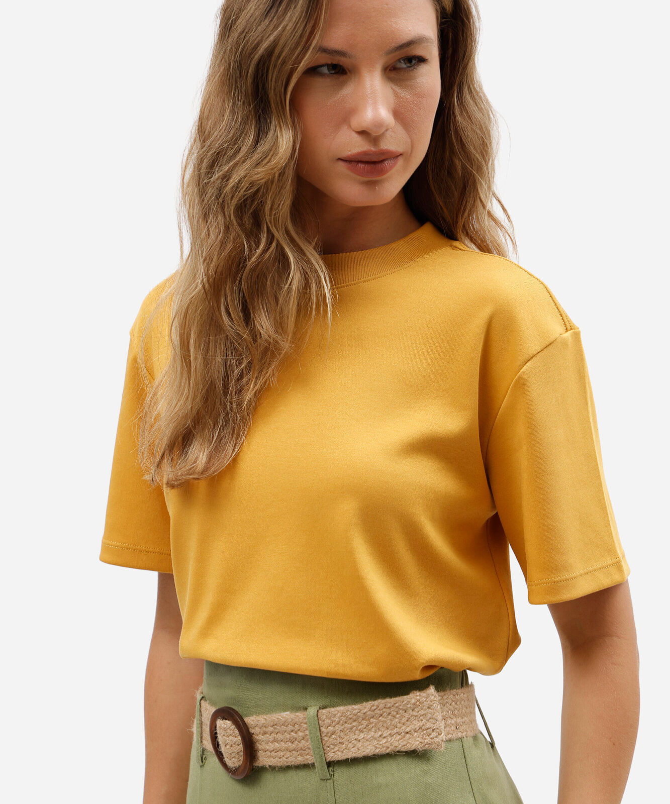 camiseta oversized feminina de algodão peruano interlock amarela