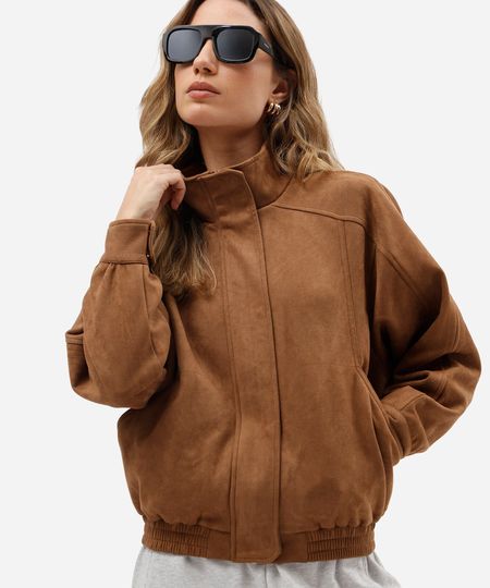 jaqueta bomber feminina de suede gola funnel neck marrom M