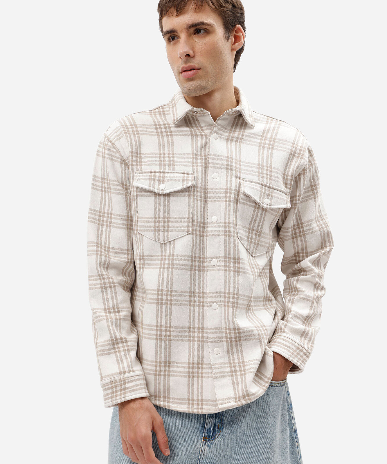 camisa overshirt masculina de algodão manga longa xadrez bege