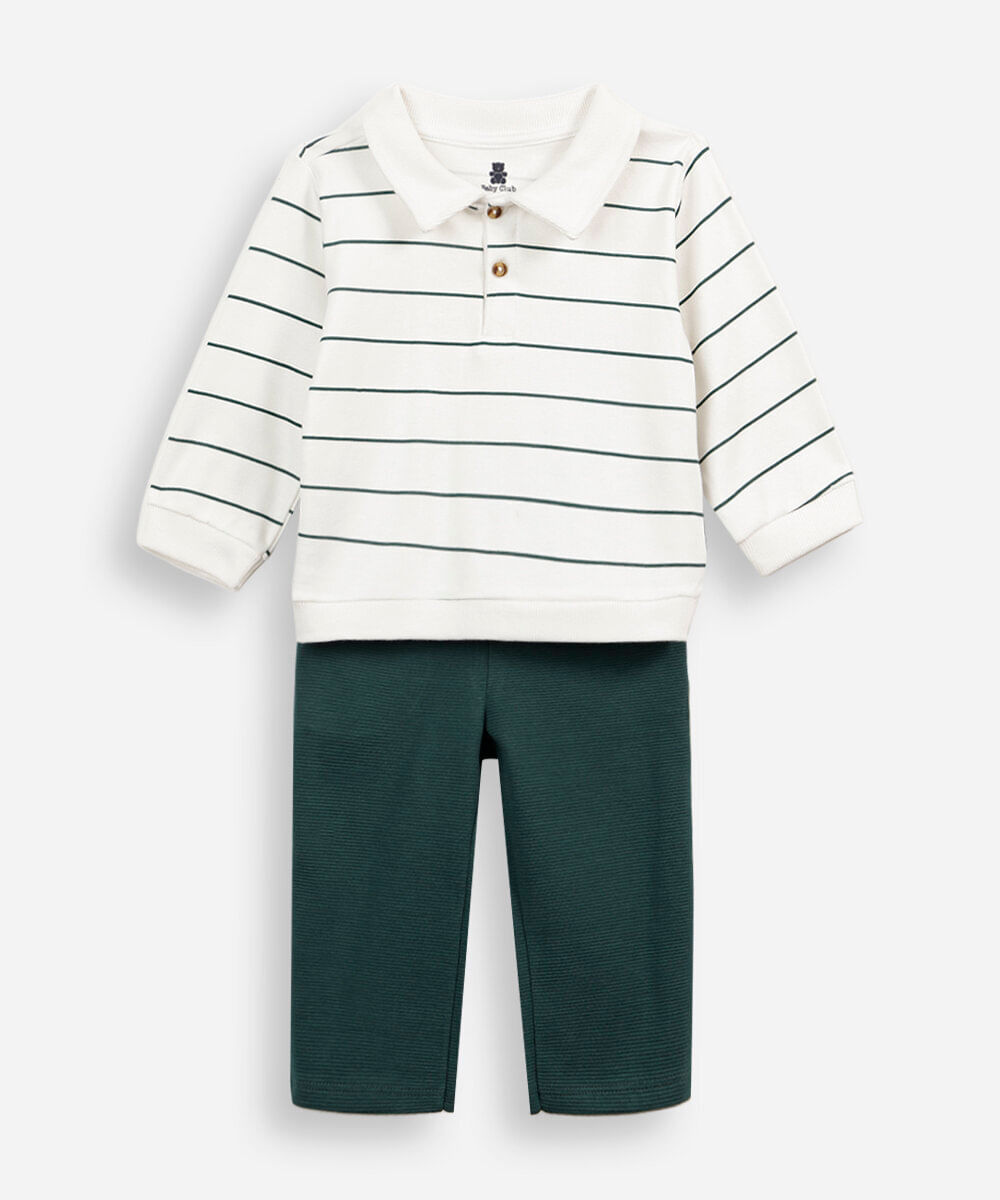 conjunto longo polo listrado infantil off white