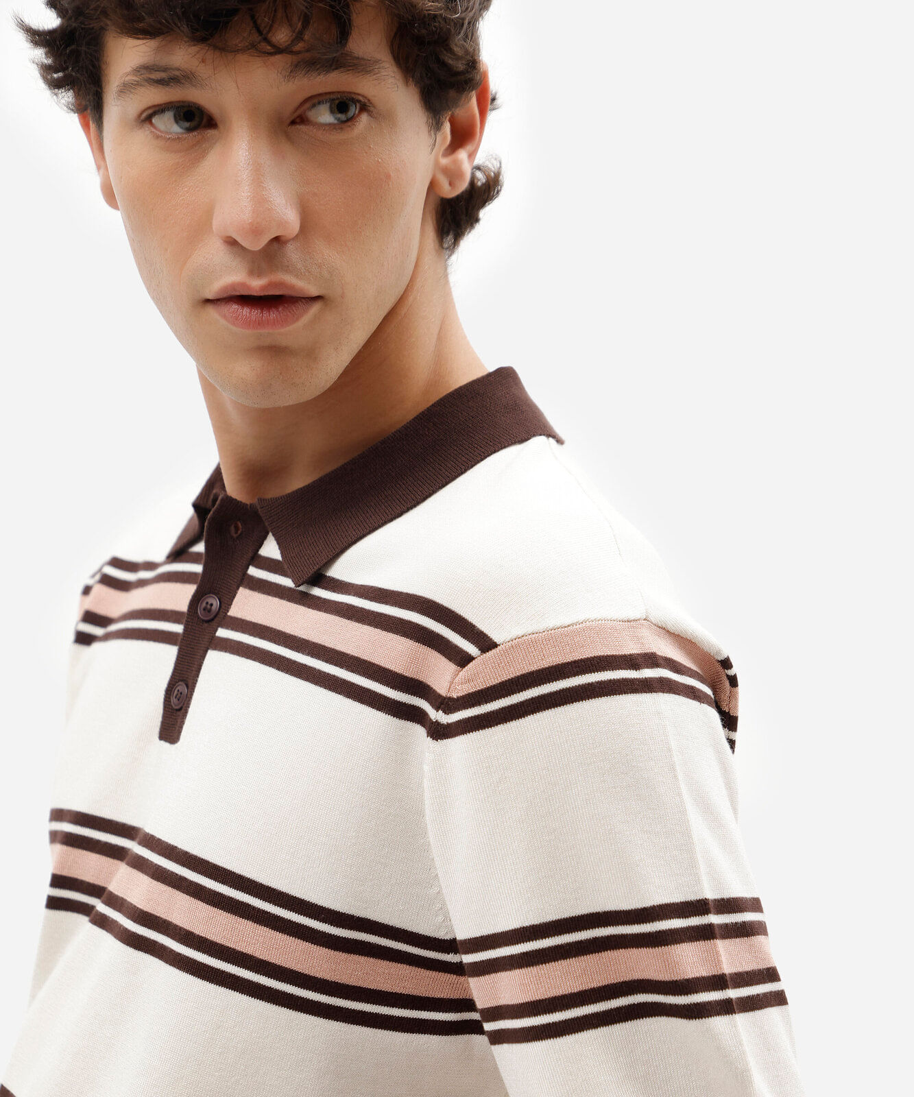 polo masculina de tricot manga curta listrada off white
