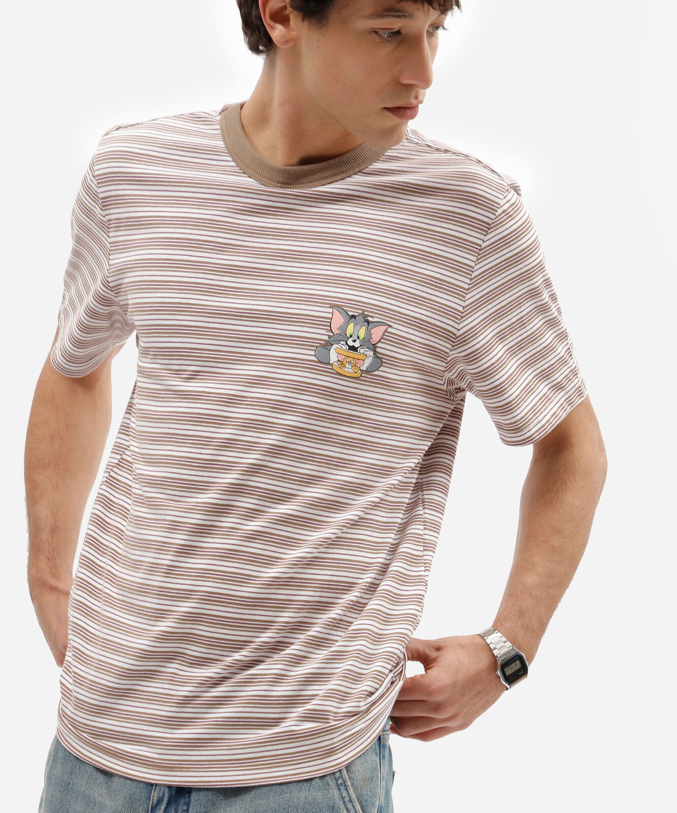 camiseta masculina com algodão manga curta tom e jerry listrada bege