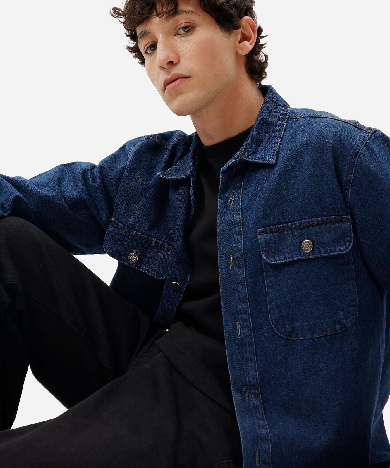 camisa masculina jeans manga longa com bolsos azul