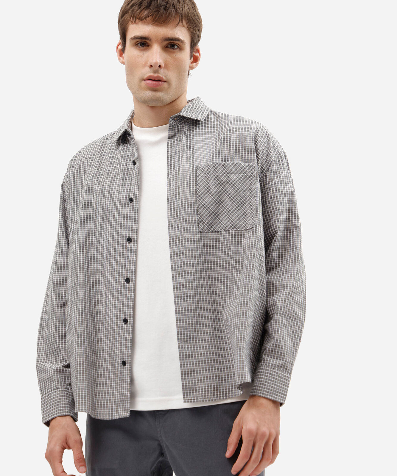 camisa box fit masculina manga longa xadrez cinza