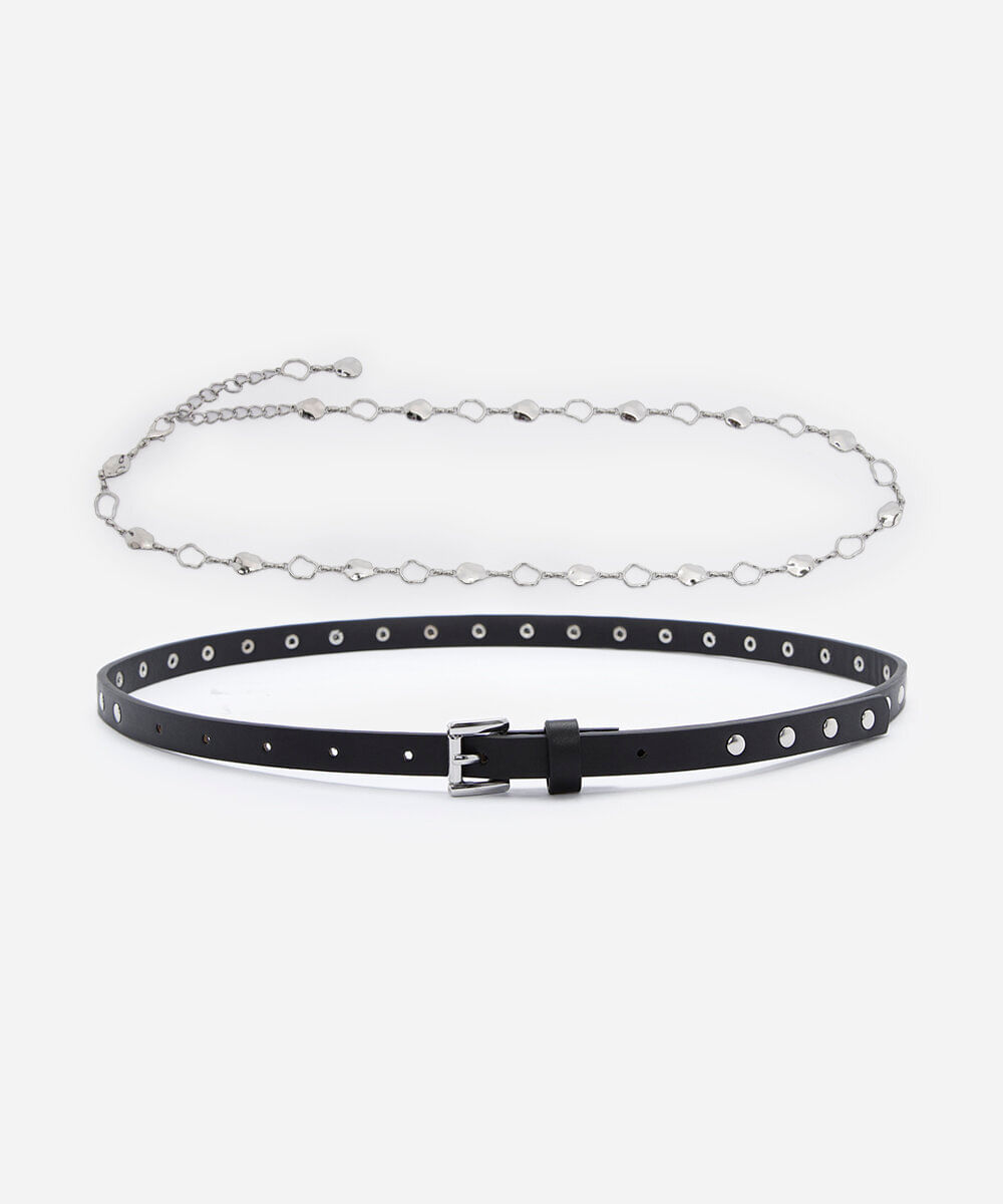 kit de 2 cinto com tachas corrente preto