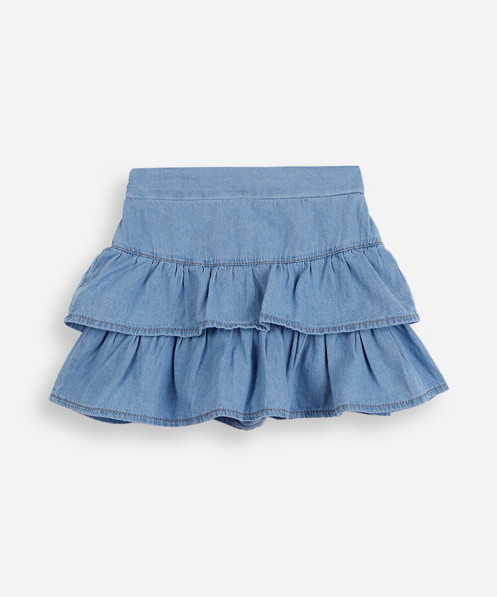 saia curta infantil jeans babados com pala azul