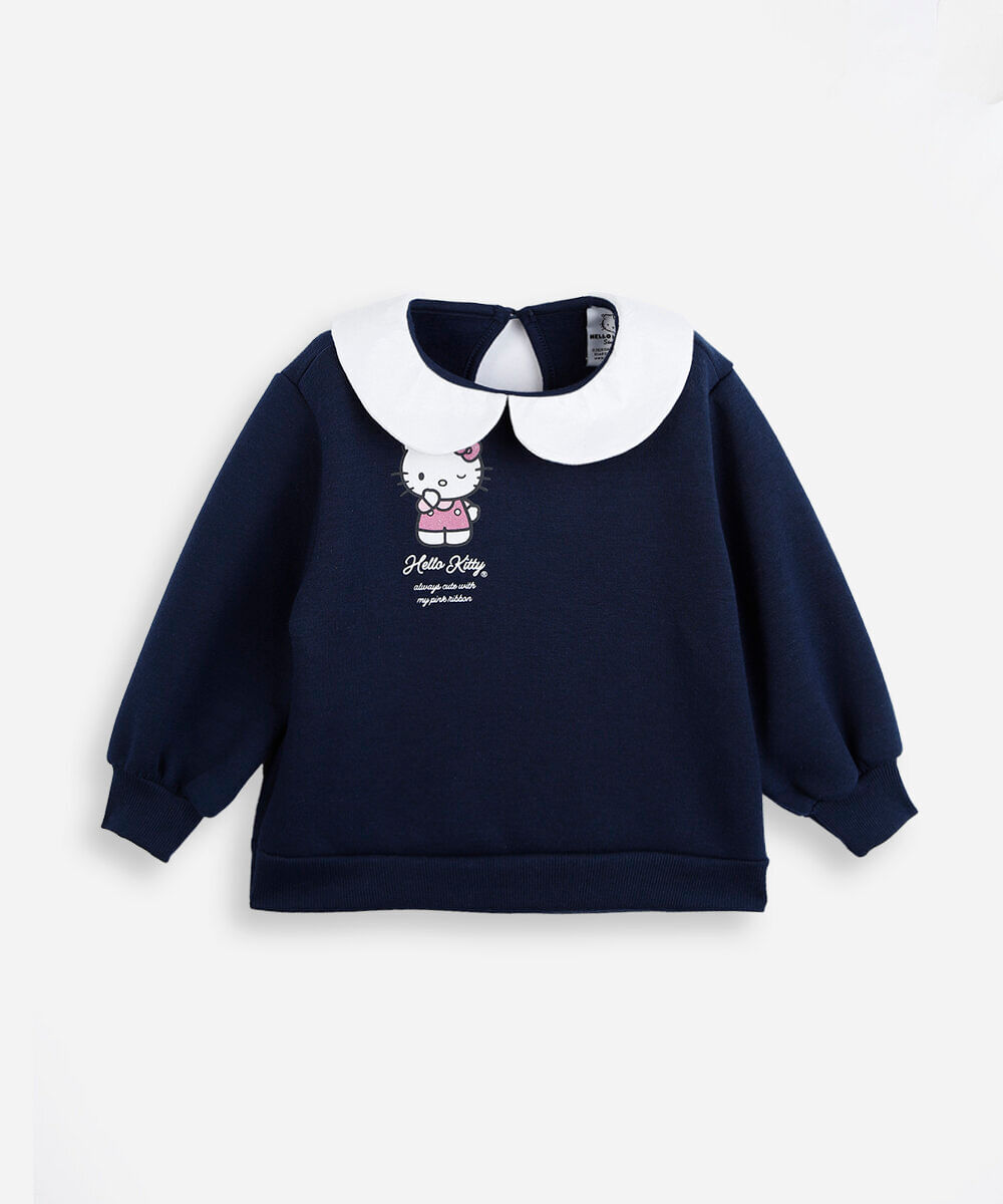 blusão infantil de moletom com gola hello kitty azul