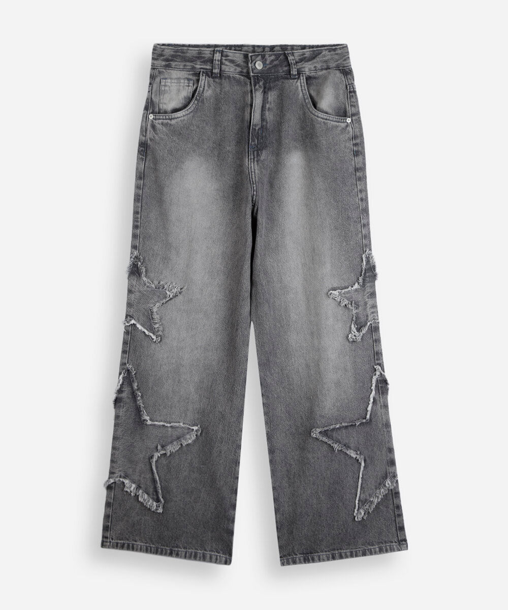 calça wide leg juvenil jeans com estrelas cinza