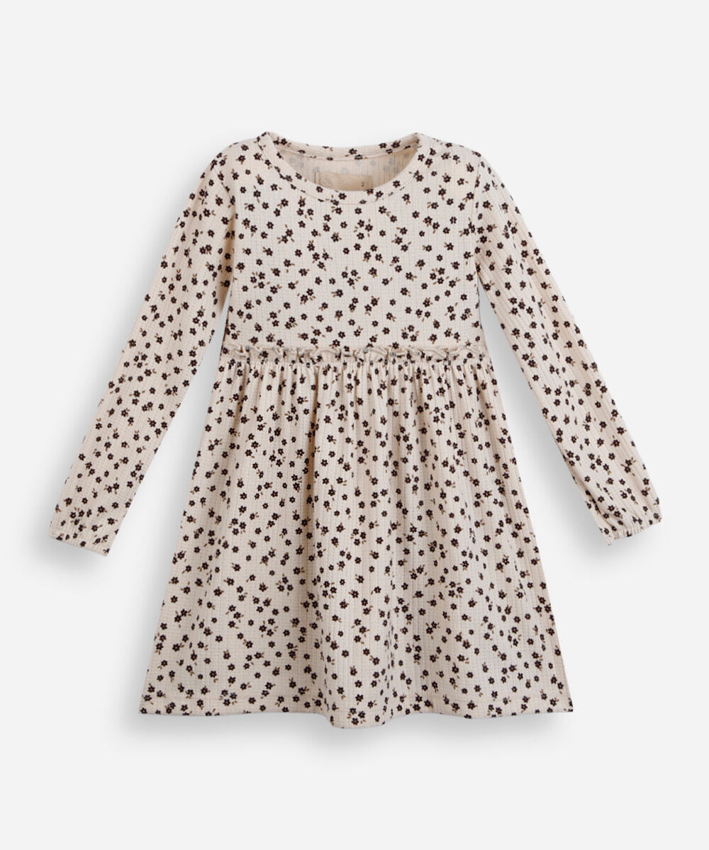 vestido infantil manga longa floral bege