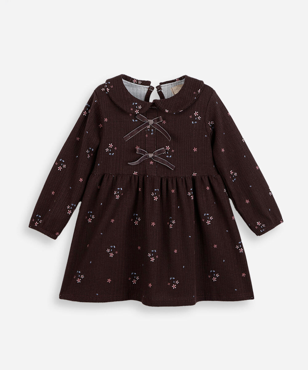 vestido infantil de malha manga longa floral marrom