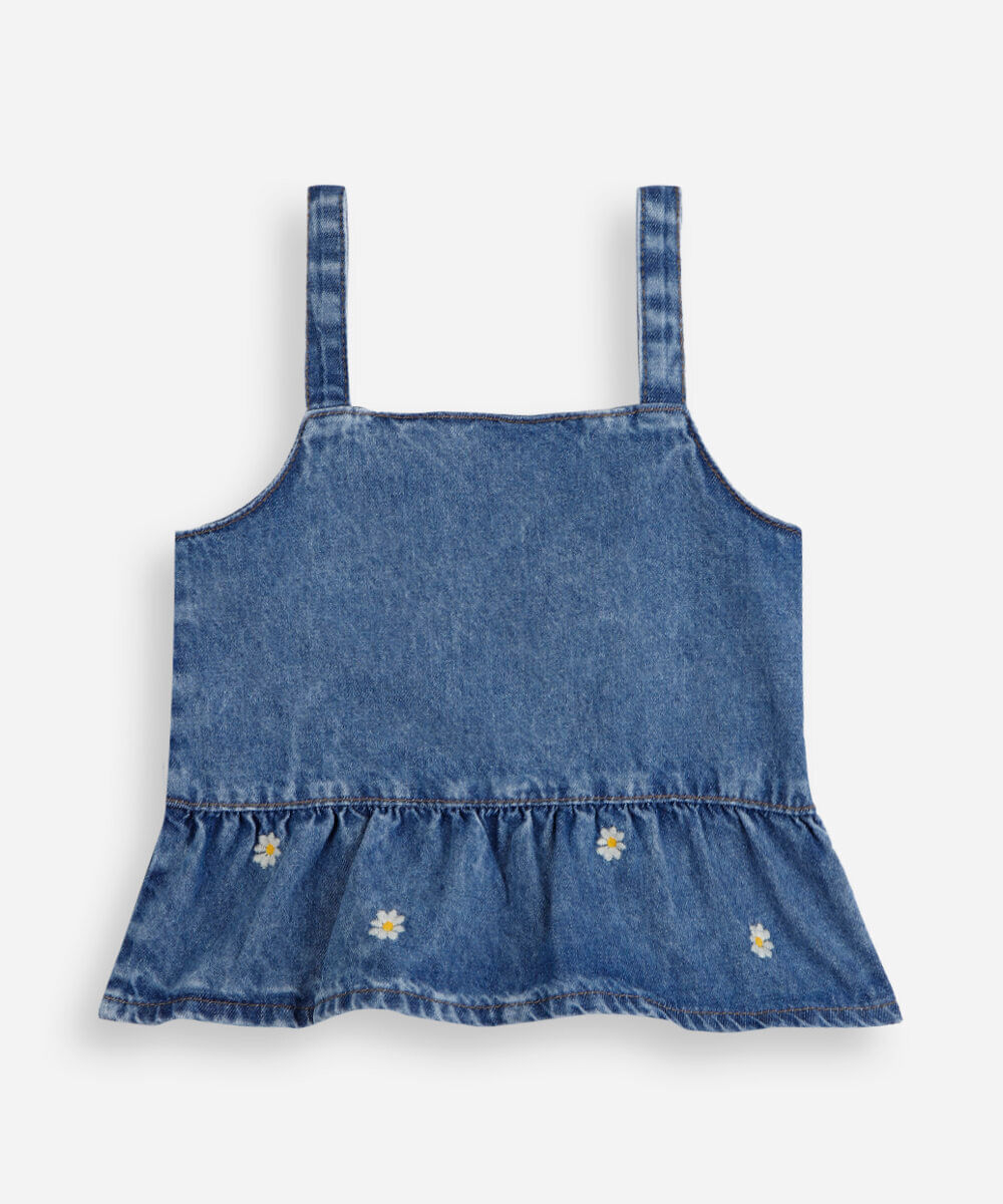 blusa infantil peplum jeans com bordado margarida azul