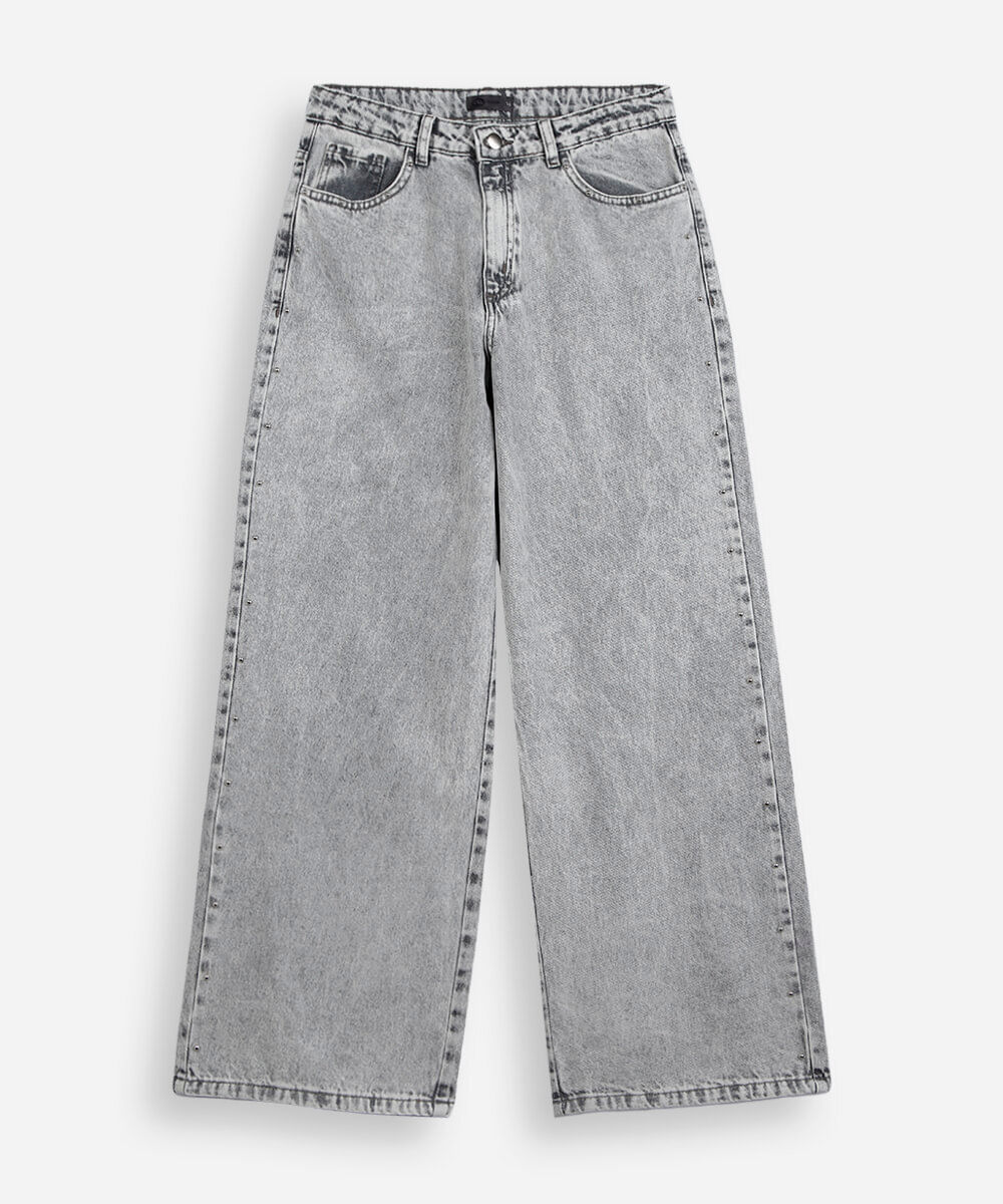 calça juvenil wide leg jeans com tachinha cinza