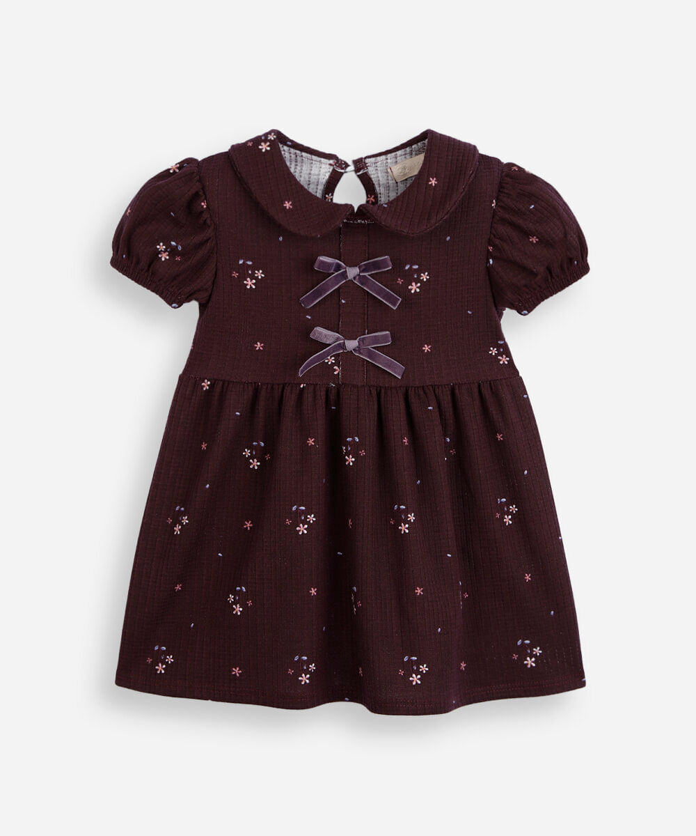 vestido infantil de algodão manga curta com laço floral vinho