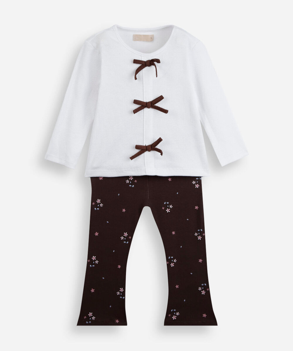 conjunto longo infantil com laços floral off white