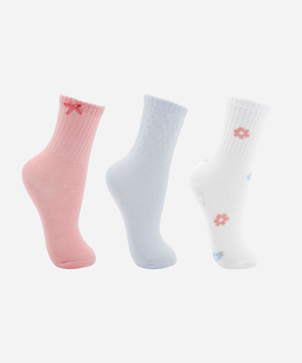 kit de 3 meias cano médio infantil floral colorido
