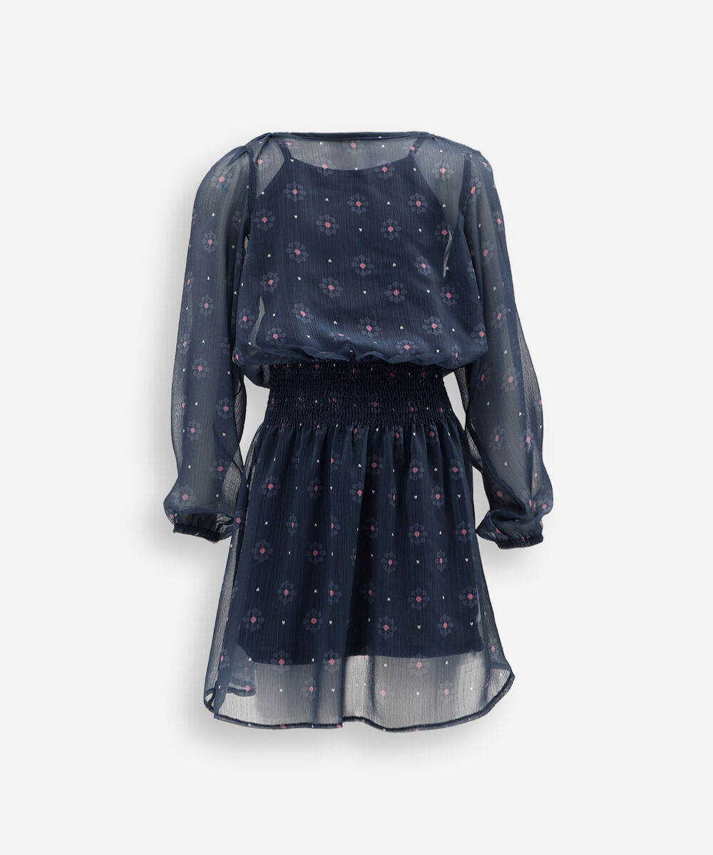vestido infantil com lastex manga longa floral azul
