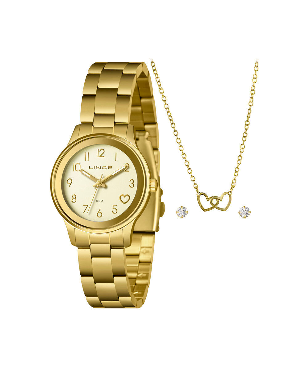 kit relógio feminino lince analógico lrgh001l34 kafrc2kx dourado