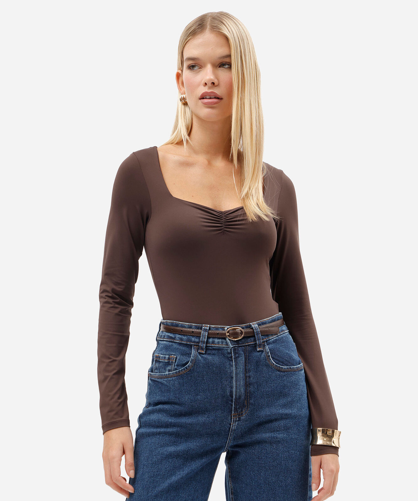 body feminino de poliamida manga longa com franzido marrom