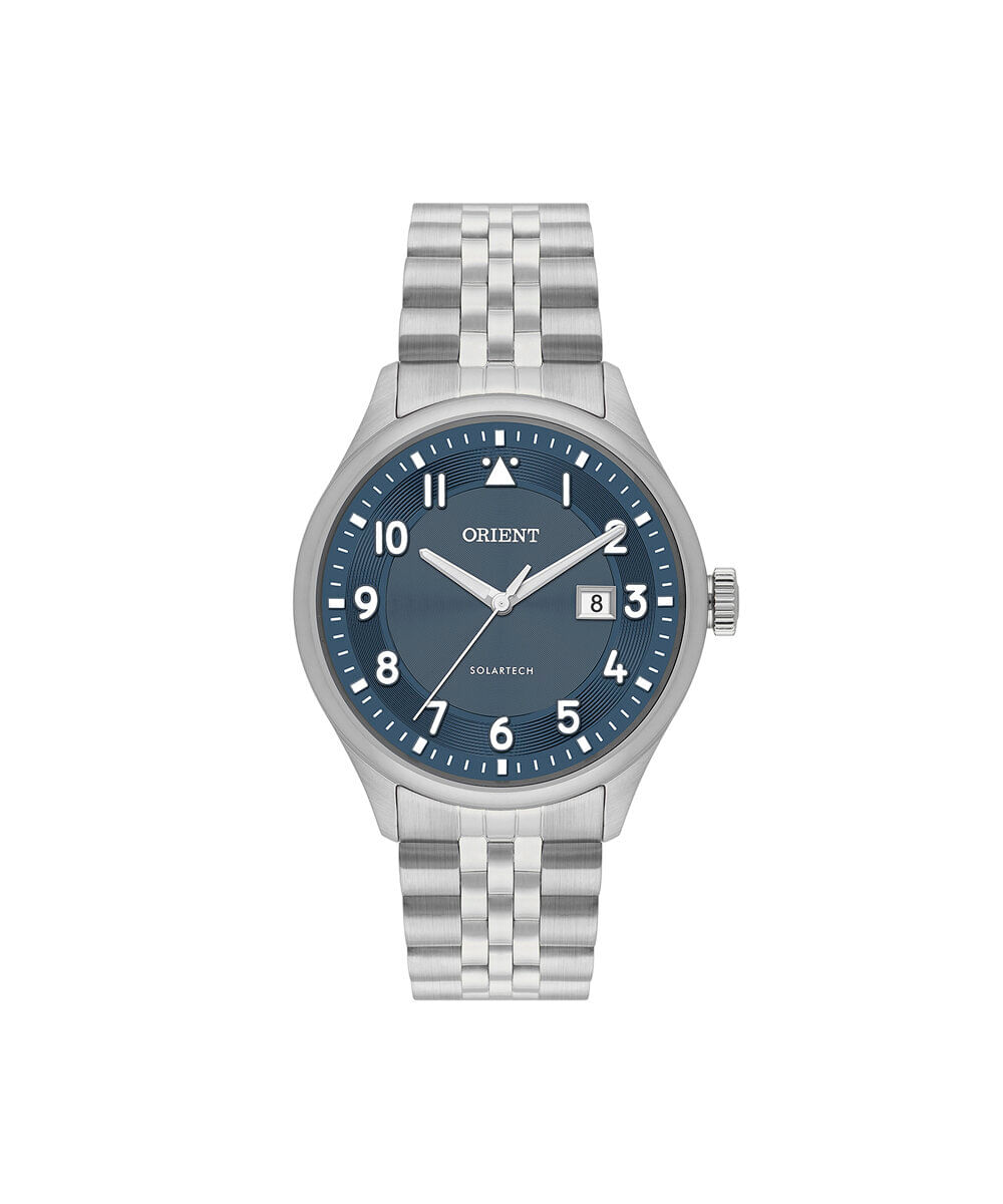 relógio masculino orient solartech analógico calendário mbss1518 d2sx prateado