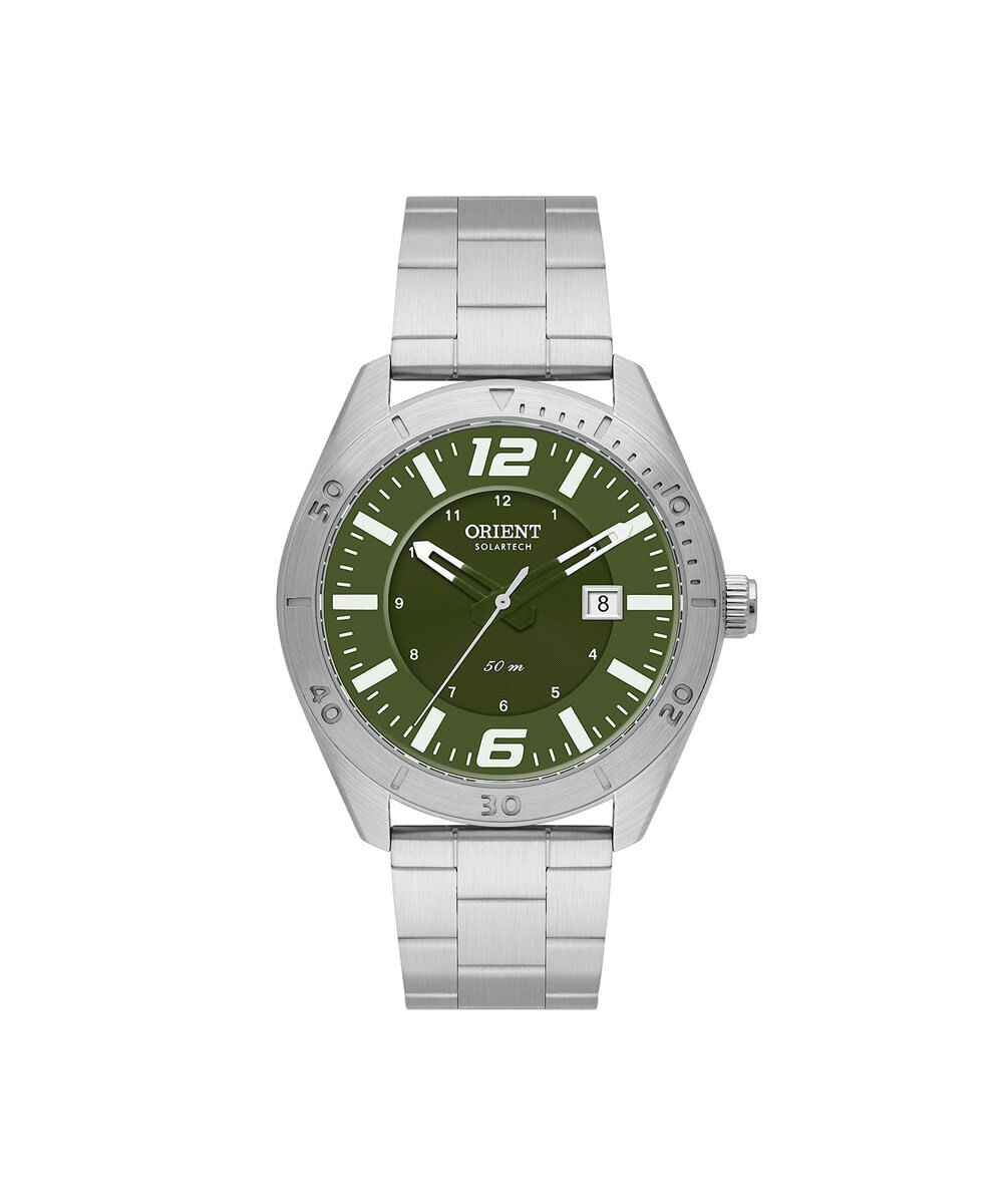 relógio masculino orient solartech analógico calendário mbss1497 e2sx prateado