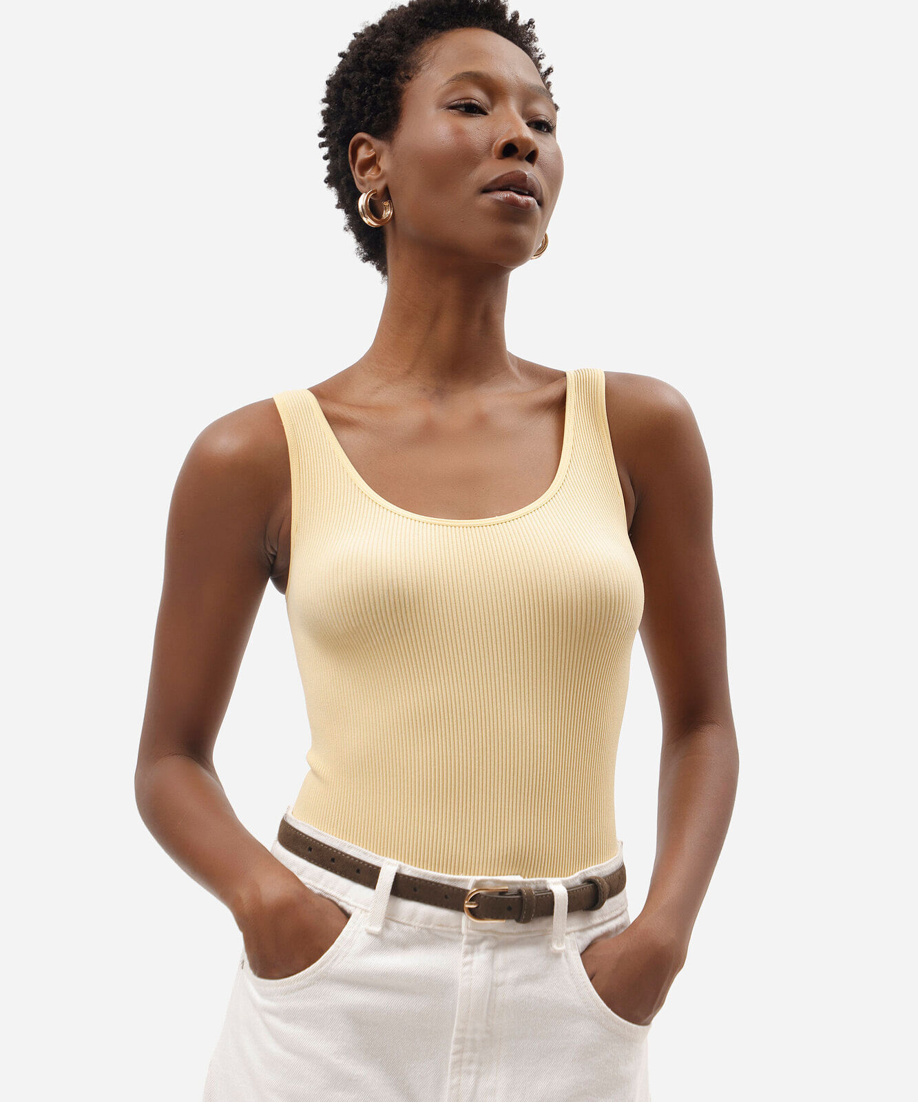 body básico feminino de poliamida canelado amarelo