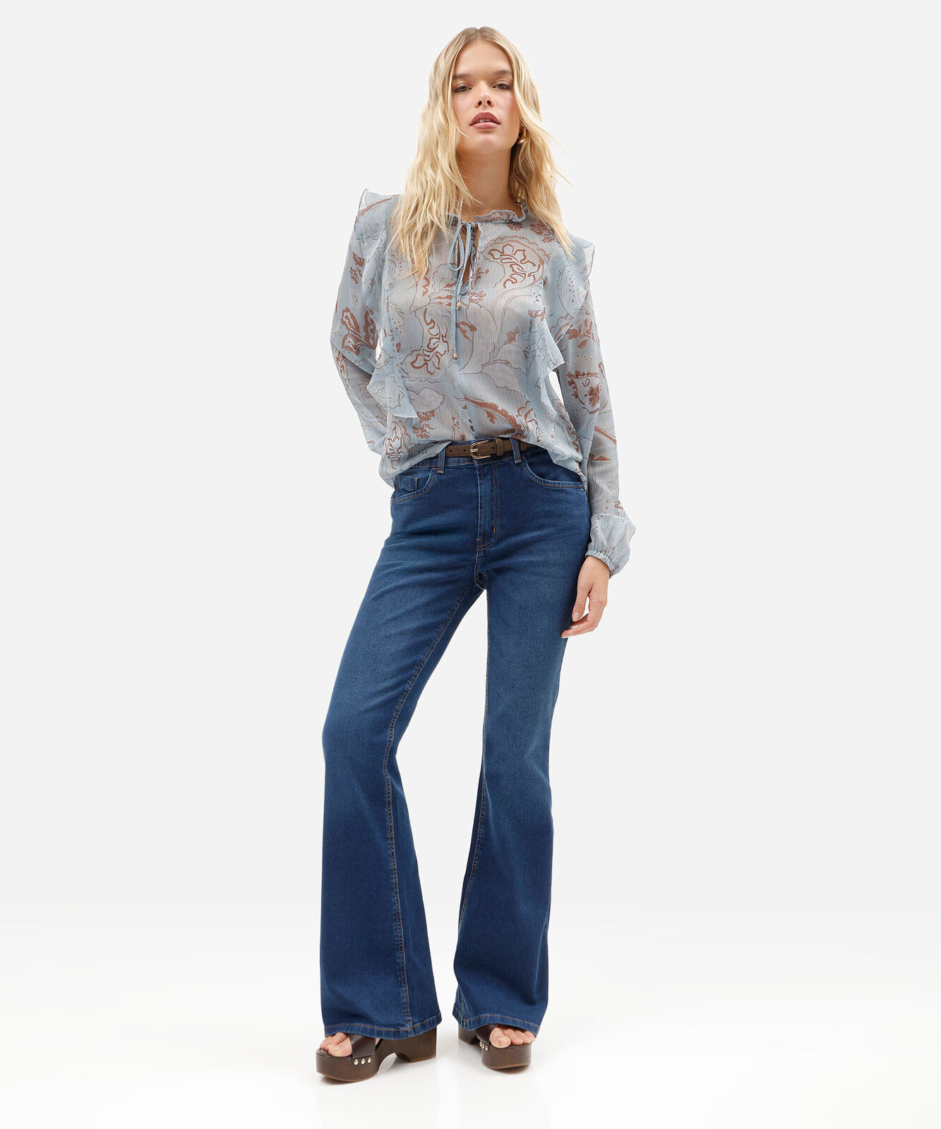 calça flare feminina jeans cintura média azul