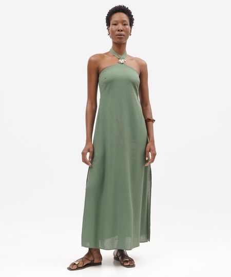 vestido longo feminino com linho e fendas halterneck verde PP
