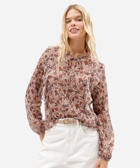 bata feminina manga longa com babados floral bege M