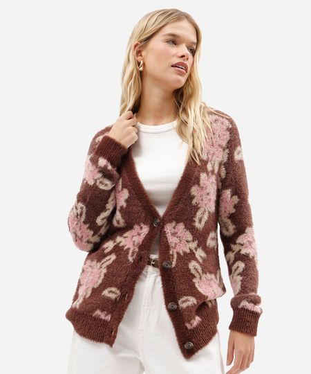 cardigan feminino de tricot floral texturizado marrom M