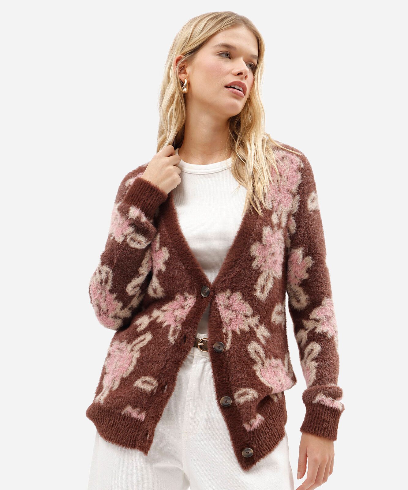 cardigan feminino de tricot floral texturizado marrom
