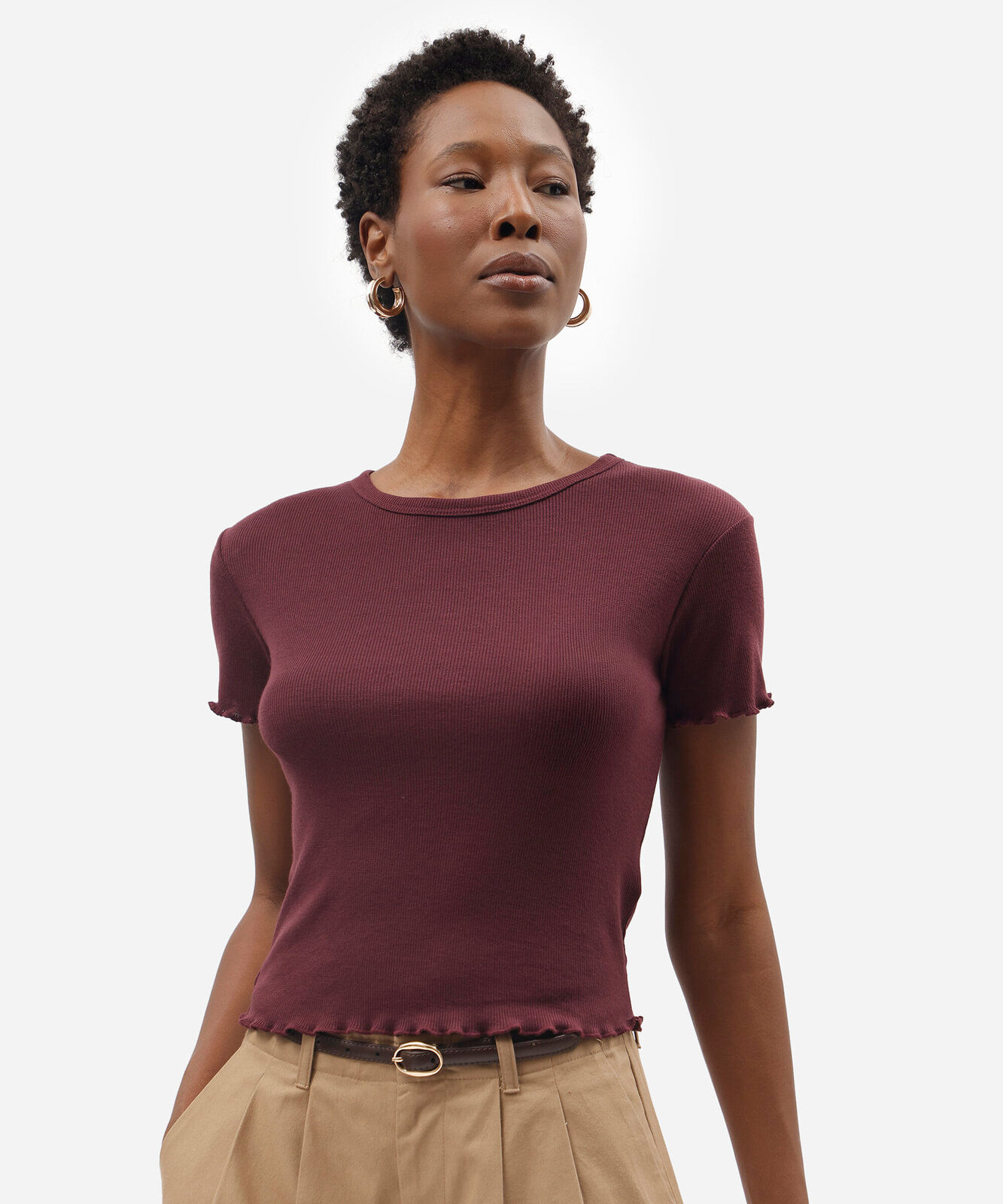blusa baby look feminina manga curta canelada vinho